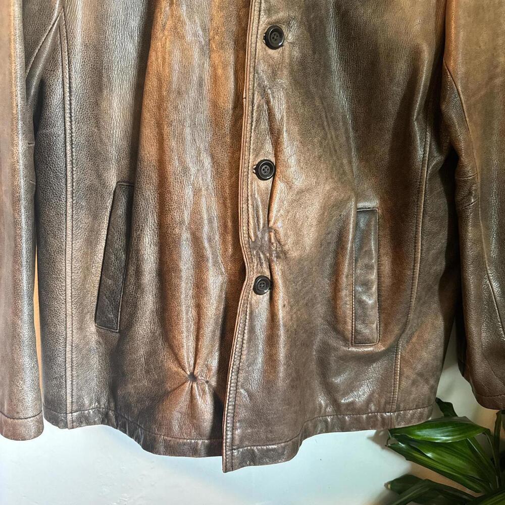 VINTAGE Distressed Earth Tone Leather Car Coat - Y2K Leather Limited Size LT - Picture 8 of 8